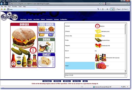 Sample fast food burger product. Product configuration for manufacturing, reseller, online quoting, costing and pricing..